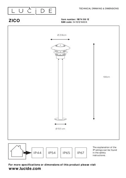 Lucide ZICO - Columna - Ø 21,8 cm - 1xE27 - IP44 - Cromo mate - TECHNISCH